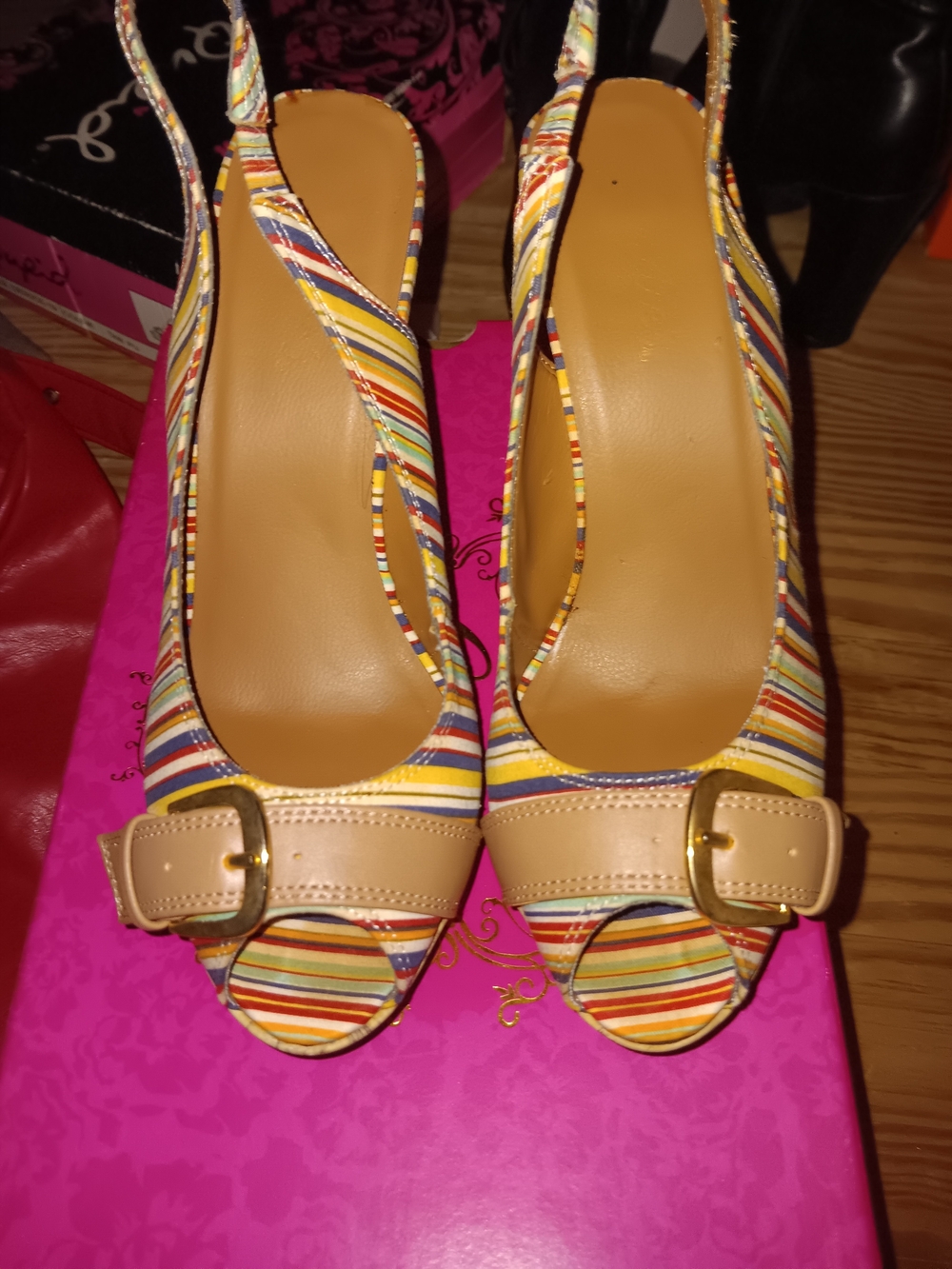 Multicolor Striped Slingback Peep-Toe Heels with Tan Buckle Accent